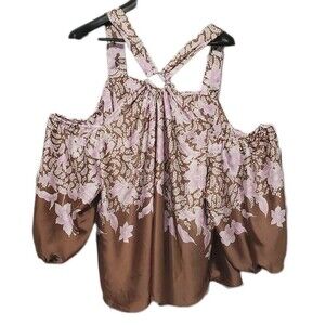 Cato Ring Halter Cold Shoulder Top 22/24W 4x Top Brown Pink Satin Floral Summer